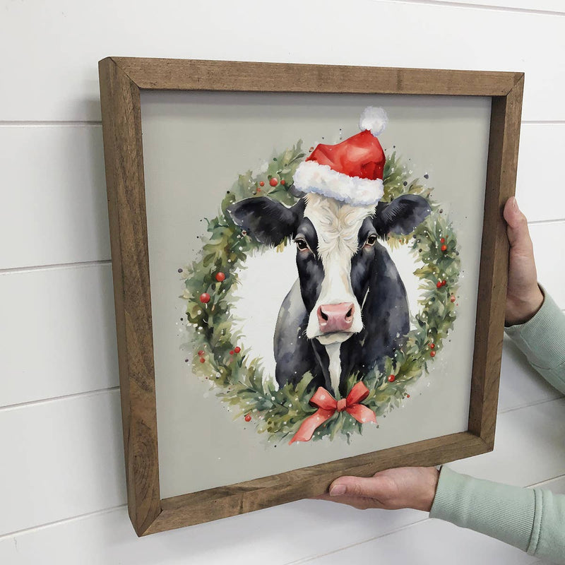 Black White Cow in Christmas Wreath - Cute Holiday Animals