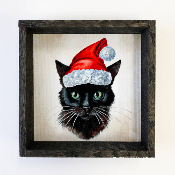 Black Cat in Santa Hat Christmas Small Canvas Wooden Sign