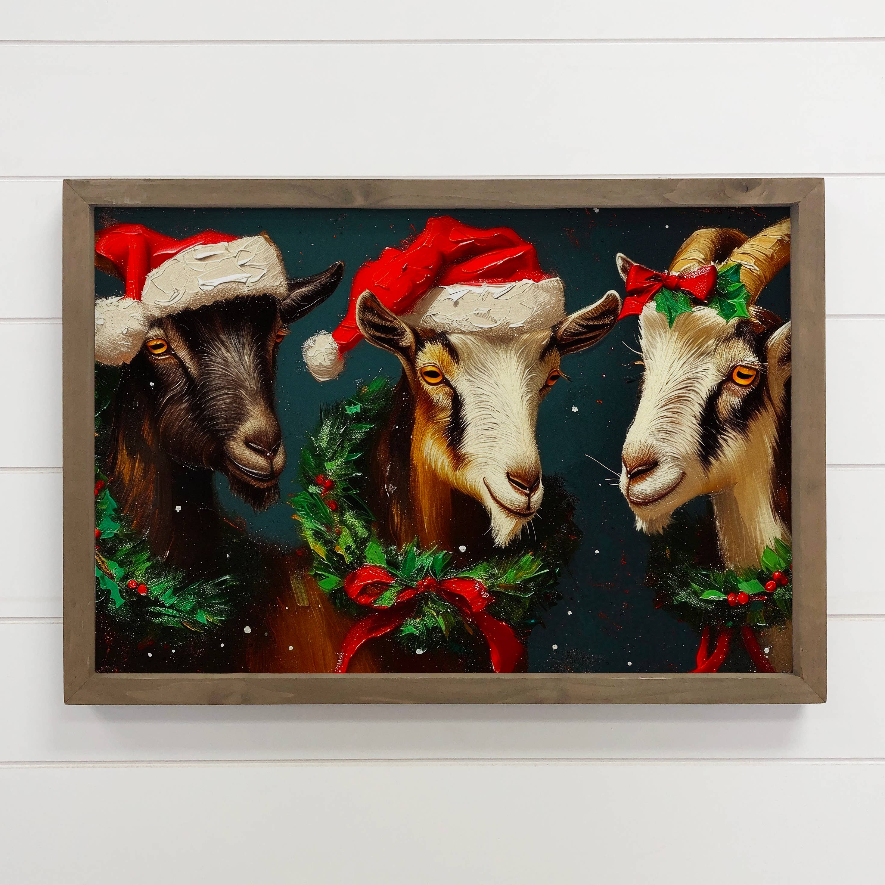 Three Christmas Goats - Christmas Canvas Art - Wood Framed