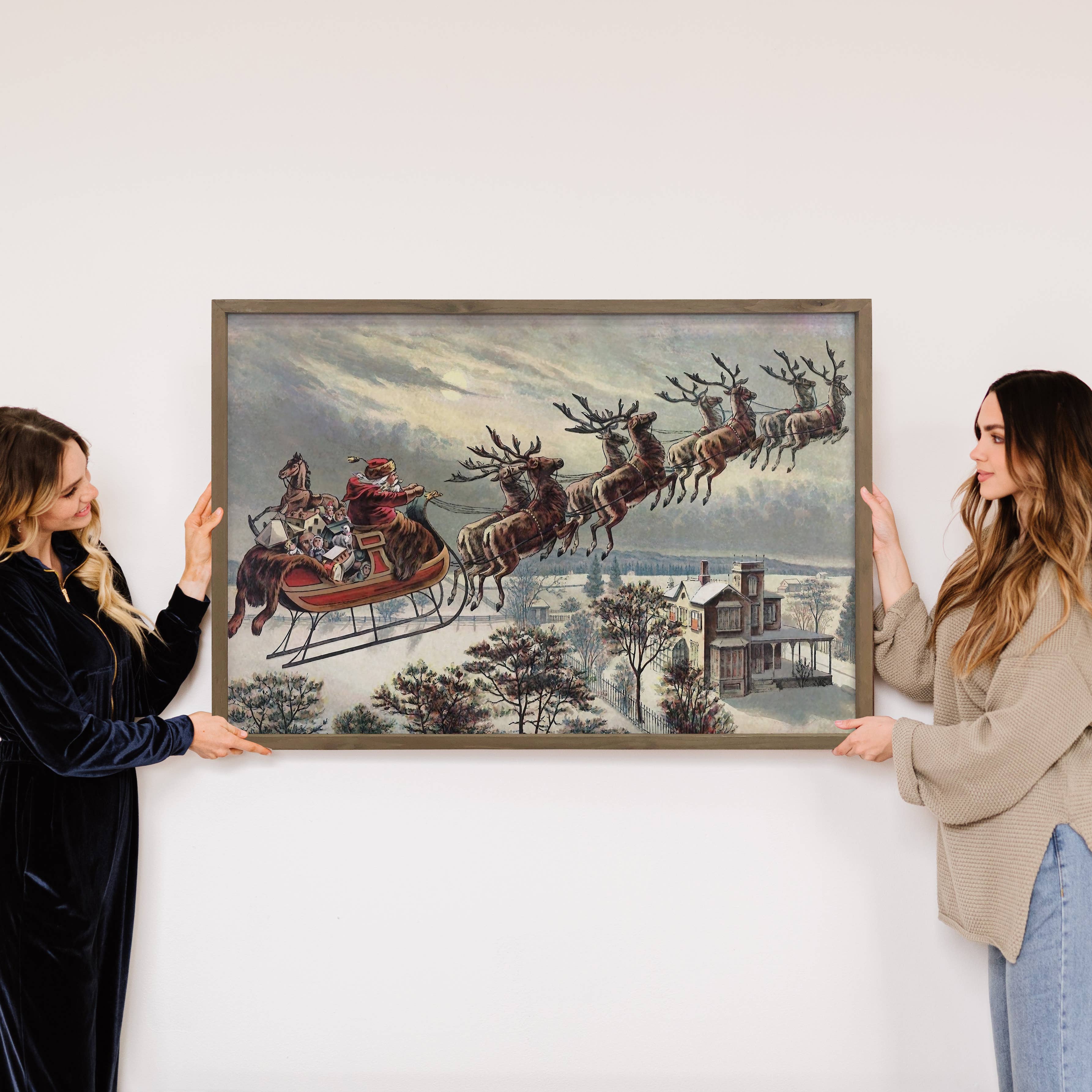 Vintage Santa in Flying Sleigh - Christmas Canvas Art