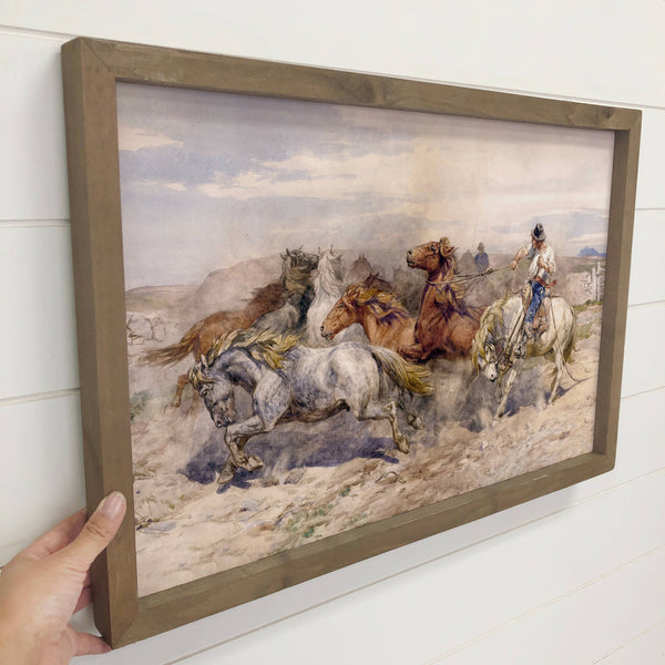 Roping Cowboy Painting - Cowboy Canvas Art - Wood Framed Art