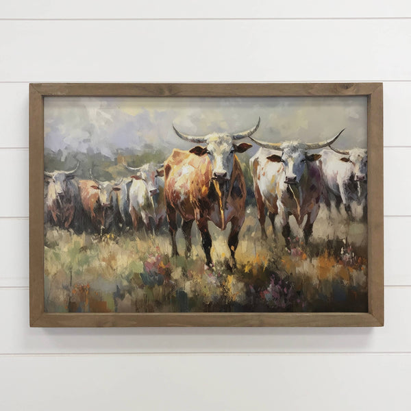Longhorn Cow Herd - Framed Farmhouse Canvas Art - Ranch Art