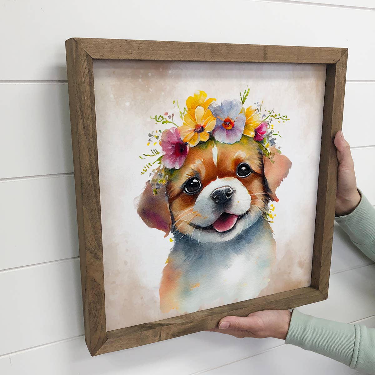 Cute Flower Dog - Nursery Art with Rustic Wood Frame -