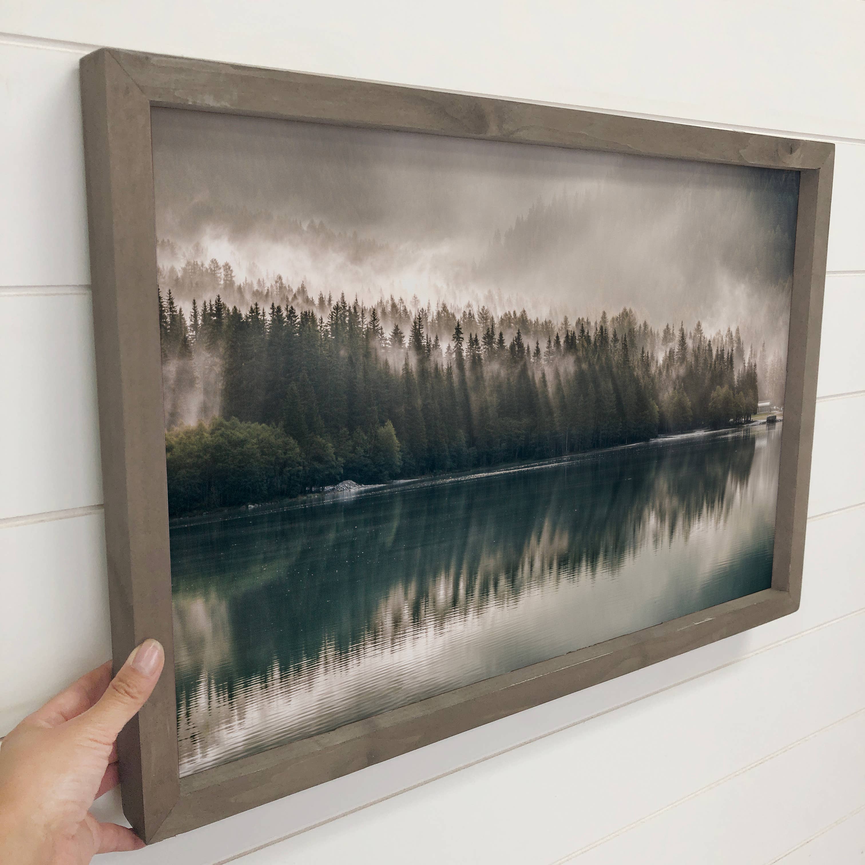 Pines Misty Lake - Lake Landscape Canvas Art - Wood Framed