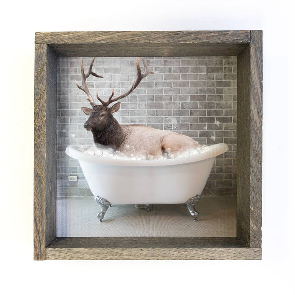 Elk in a Bubble Bath Funny Bathroom Greywash Wood Frame