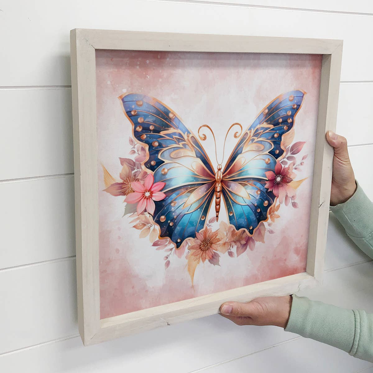 Butterfly Flowers Mauve Blue - Butterfly Canvas Art - Framed