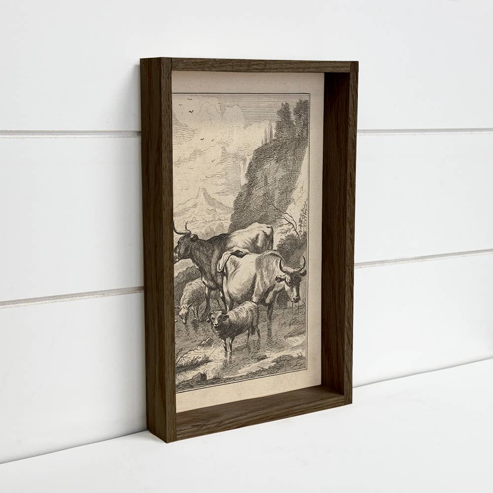 Cows and Mountain Sheep Sketch - Farmhouse Canvas Art