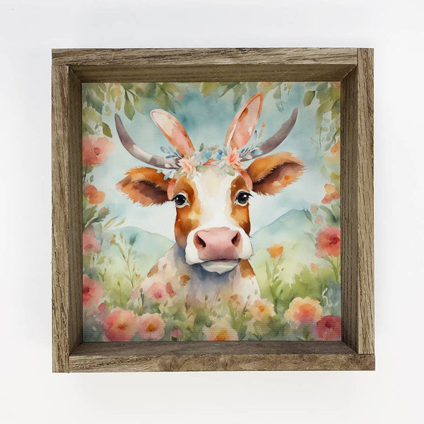Cow Wearing Bunny Ears - Cute Farm Easter Canvas Art