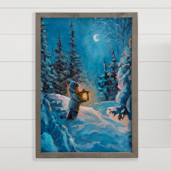 Winter Boy with Lantern Framed Blue Holiday Christmas Art