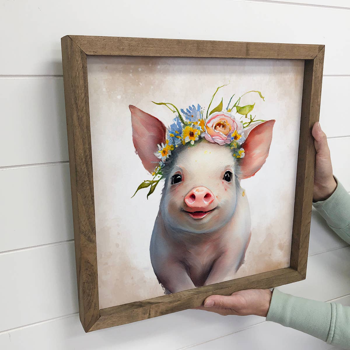 Cute Flower Pig - Nursery Wall Art with Rustic Wood Frame