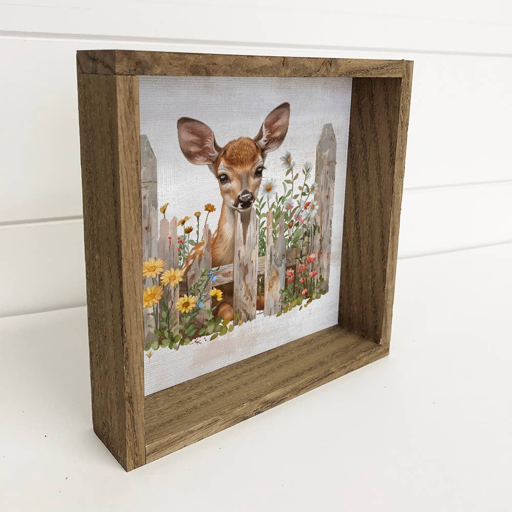 Deer Over Fence with Flowers - Deer Canvas Wall Art - Framed