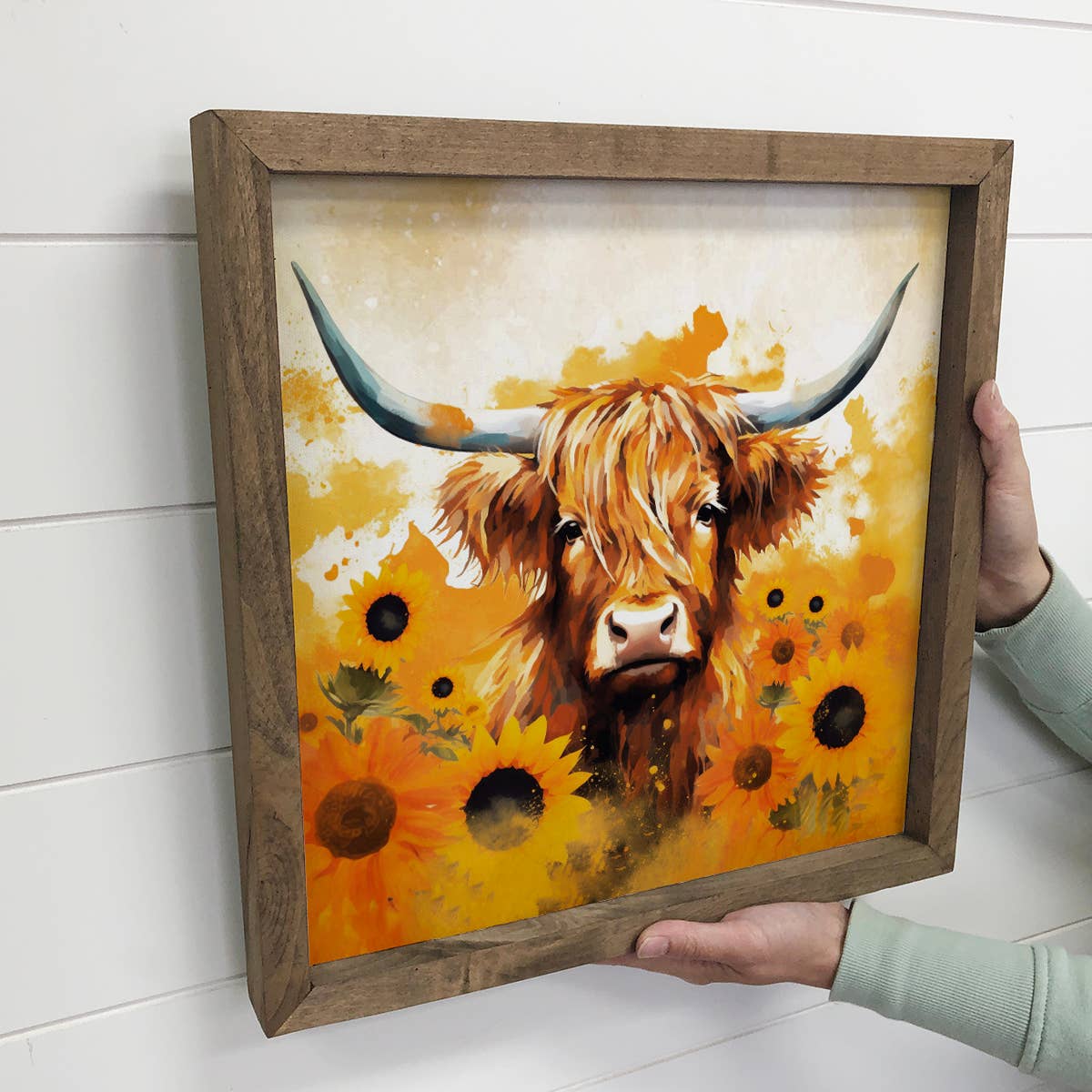 Highland Cow Sunflowers - Wood Framed Farmhouse Canvas Art
