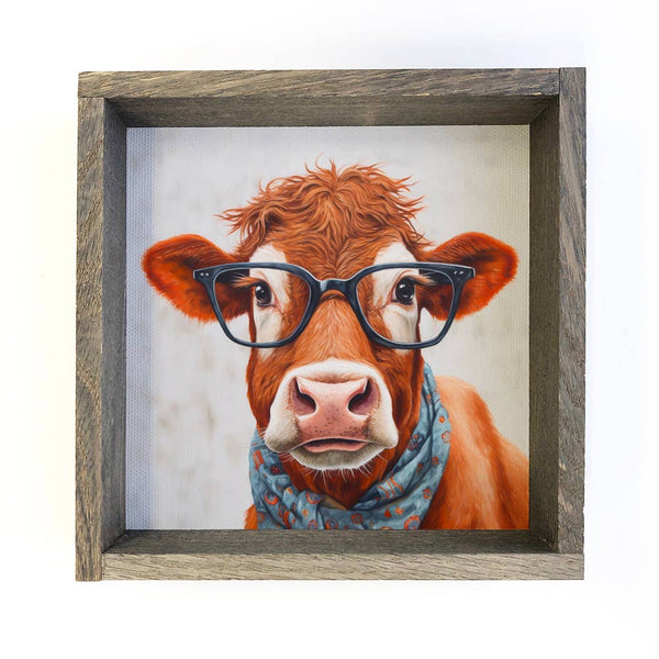 Cow Glasses & Scarf - Cute Animal Decor - Framed Cow Art
