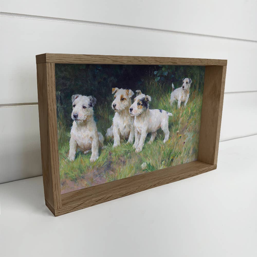 Terrier Pups in Grass - Puppy Canvas Art - Wood Framed Art
