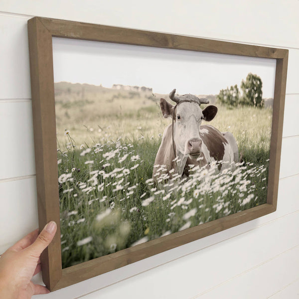 Cow in Daisies - Wood Framed Farmhouse Art - Canvas Photo