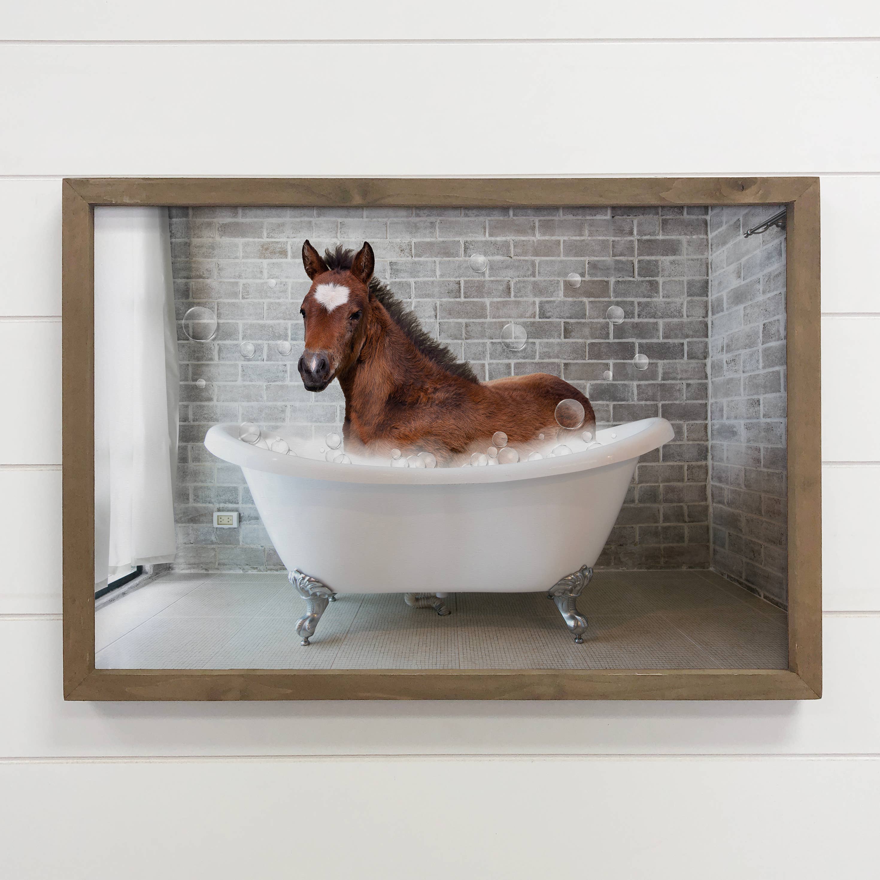 Horse in Bathtub Funny Bathroom Wood Sign Framed