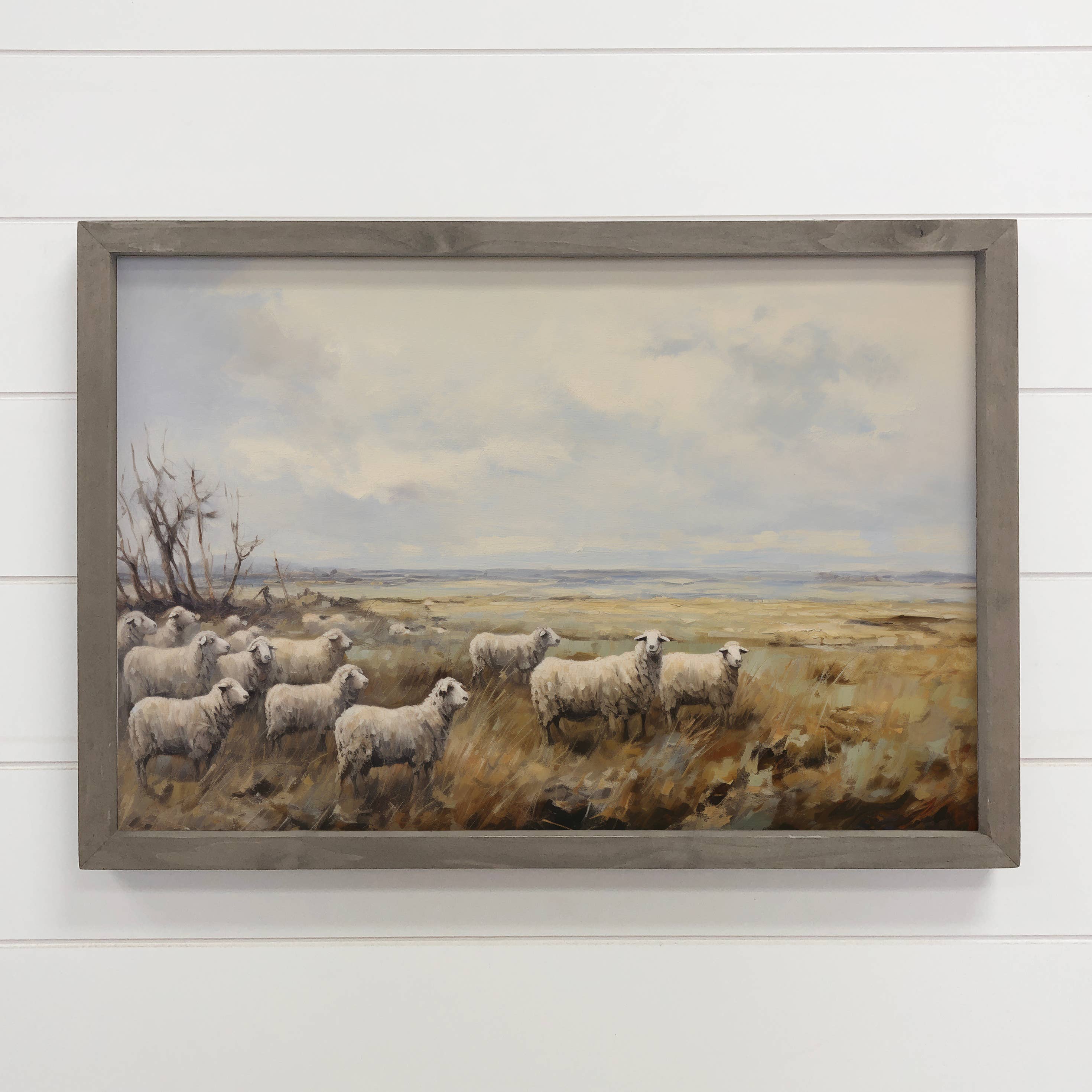 Sheep Field Painting - Farmhouse Canvas Art - Wood Framed