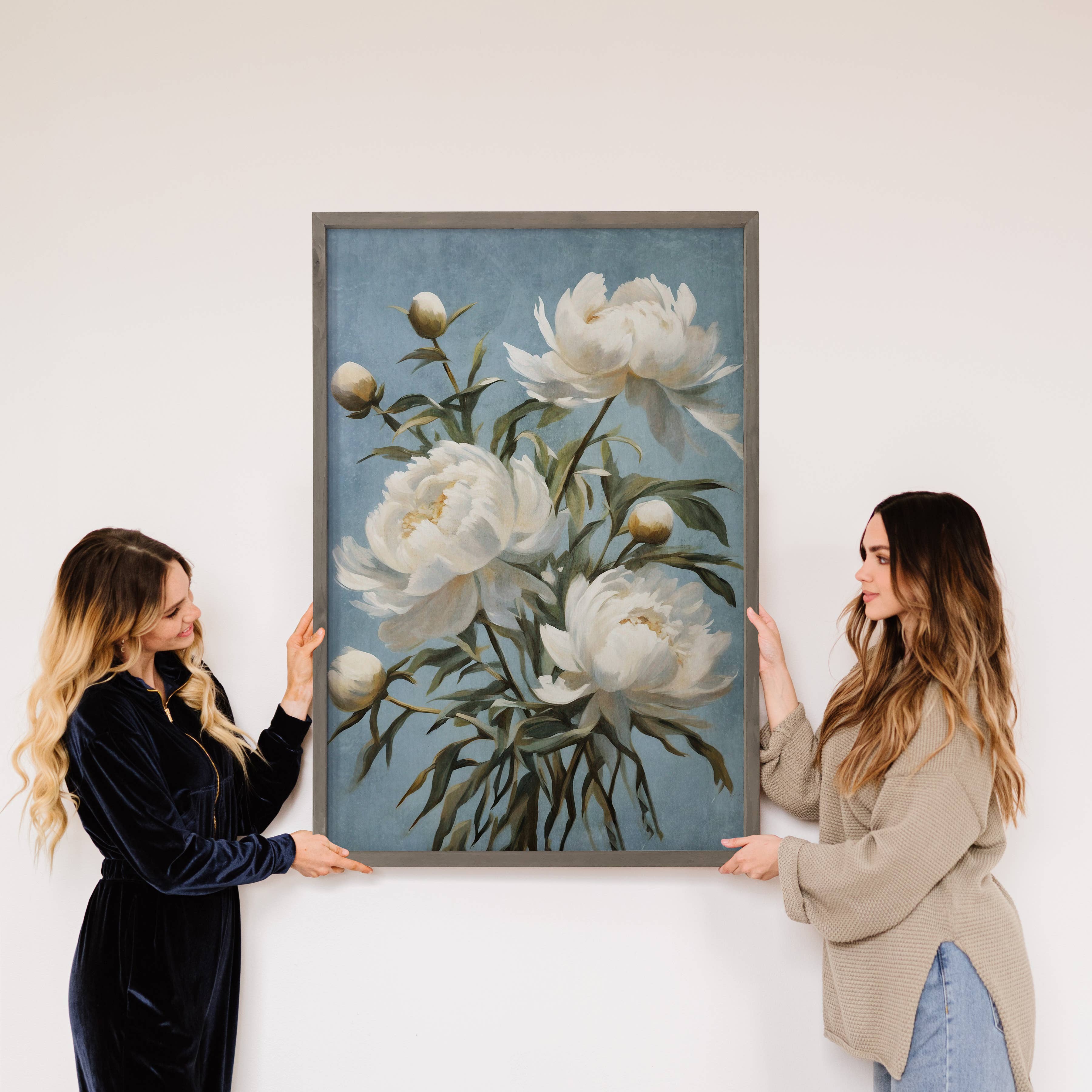 White Peonies Blue Background - Floral Canvas Art - Framed