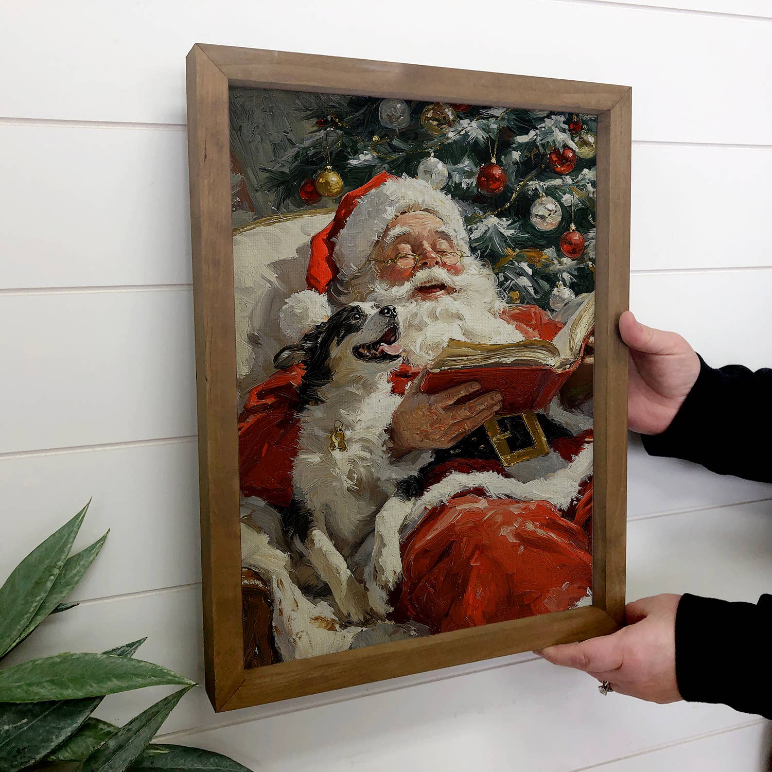 Santa Reading with Dog - Santa Canvas Art - Wood Framed Art