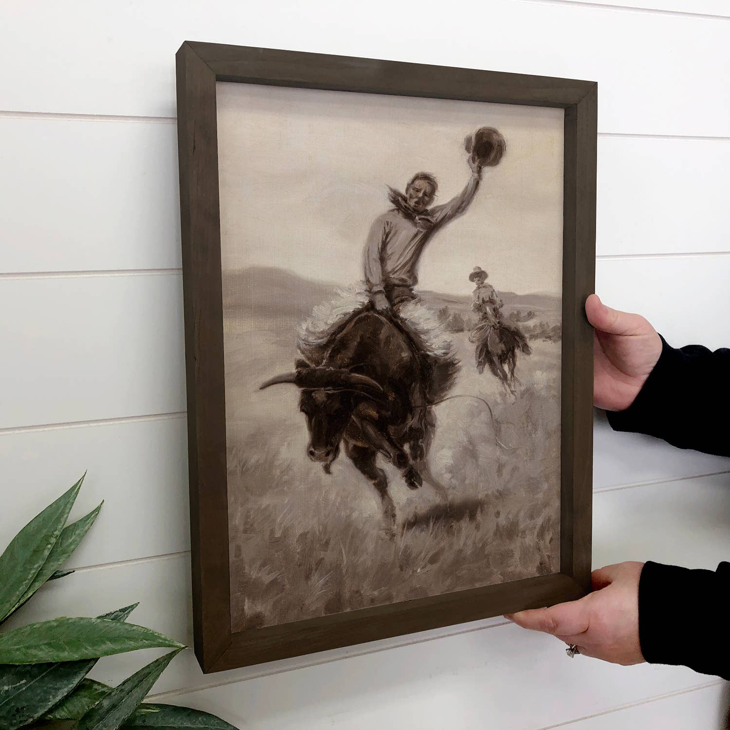Riding a Bull - Cowboy Canvas Art - Wood Framed Wall Art