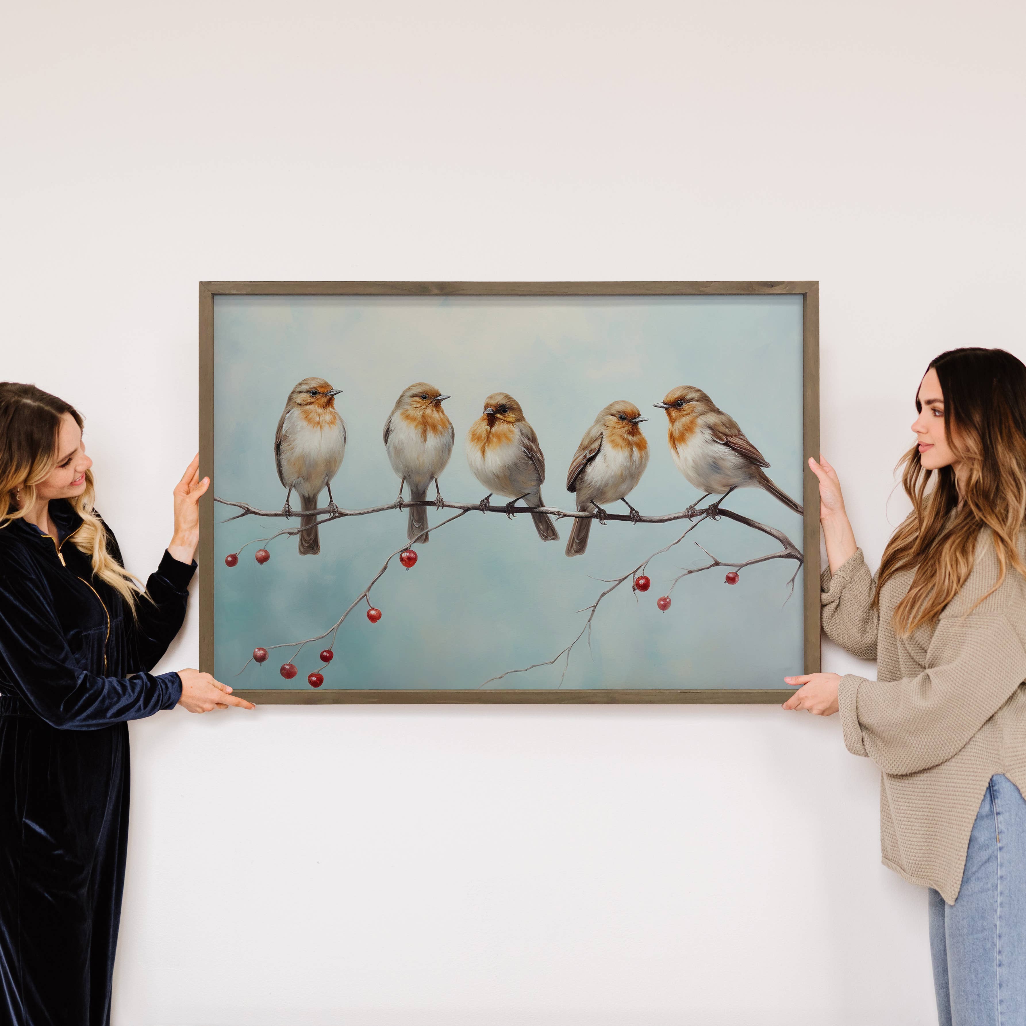 Five Birds on a Branch - Wildlife Canvas Art - Wood Framed