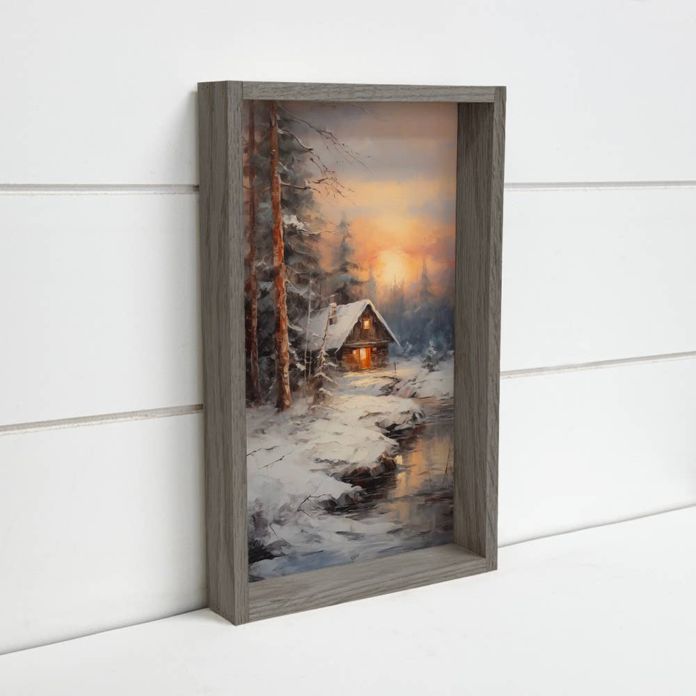Winter Cabin on the River - Winter Canvas Art - Wood Framed
