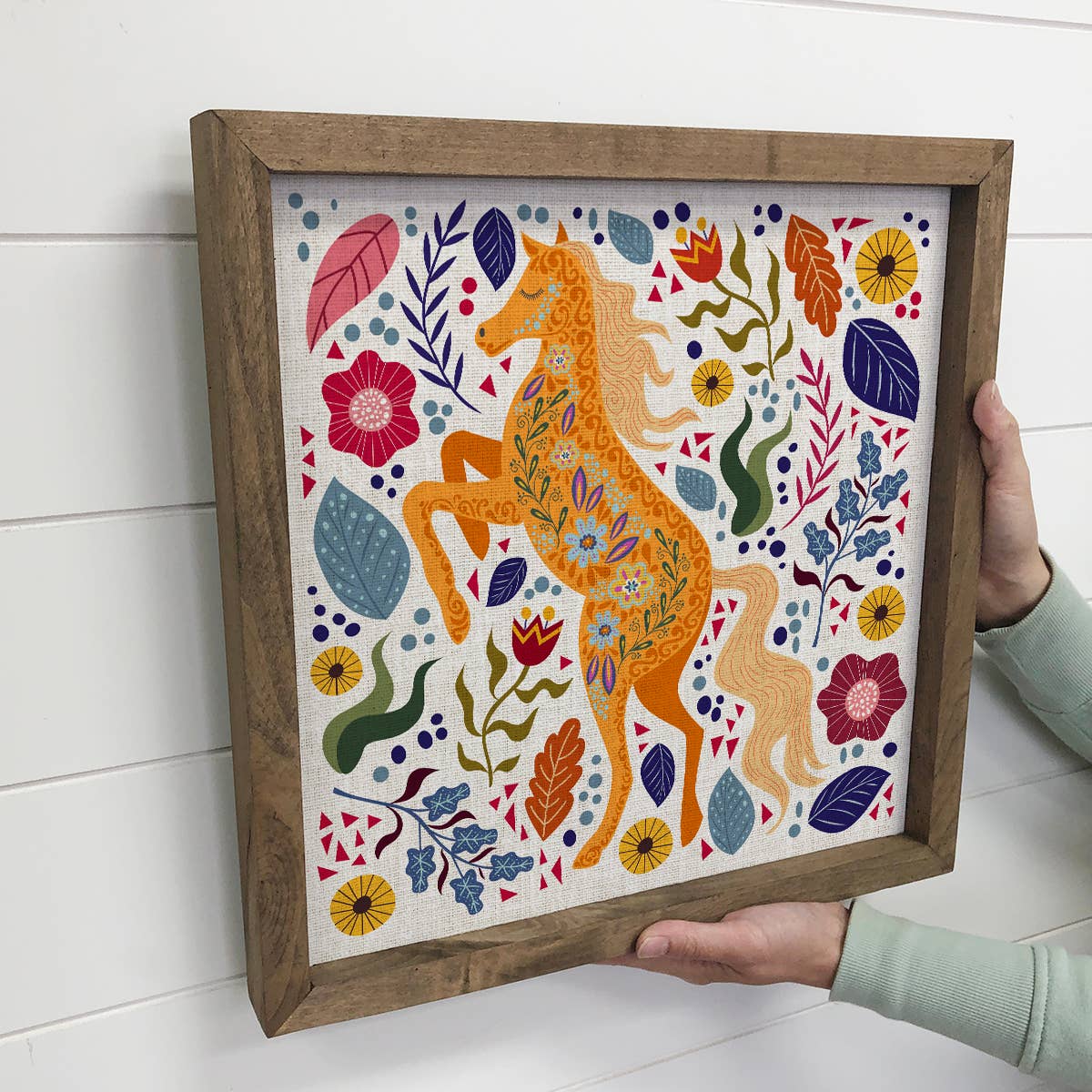 Folk Horse Wall Art - Folk Animal Canvas Art - Wood Framed