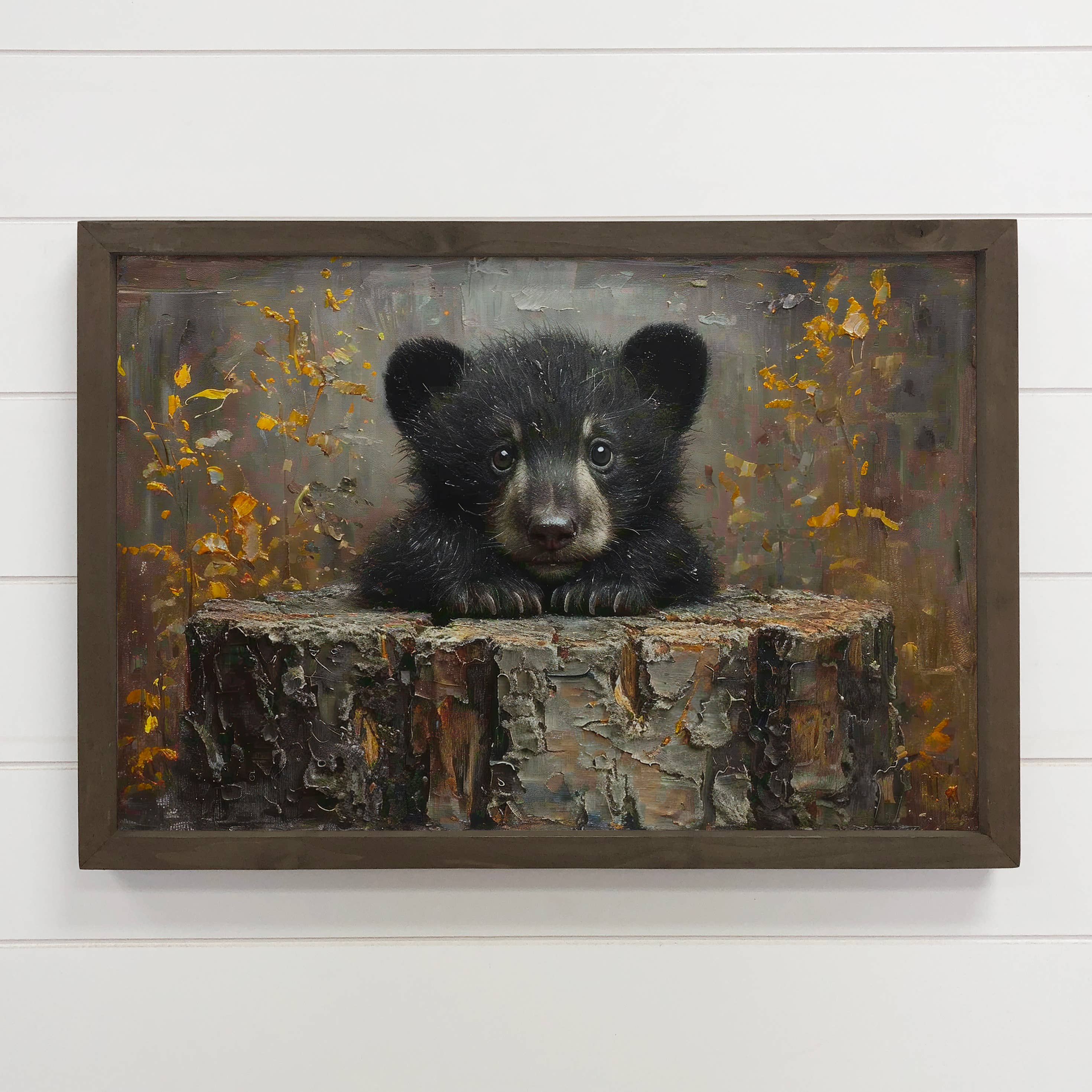 Black Bear Cub on Tree Stump - Mountain Cabin Wall Art Decor