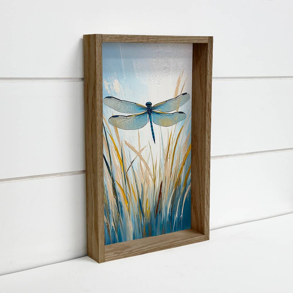 Dragonfly Over Grass - Dragonfly Canvas Art - Wood Framed