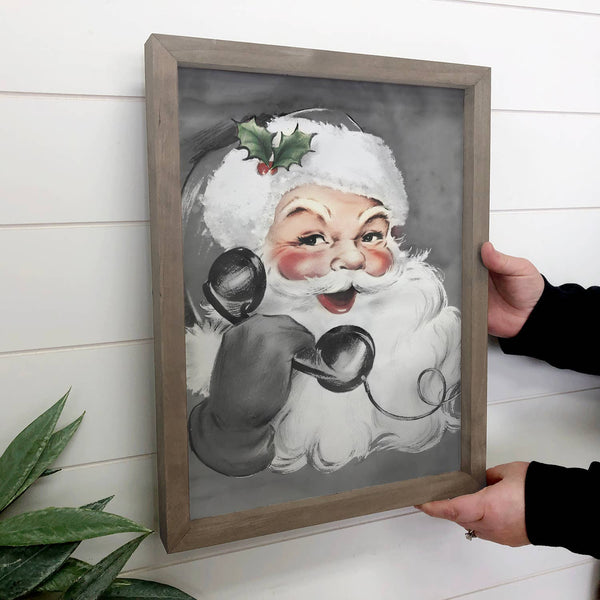 Gray Santa Calling - Framed Holiday Wall Art - Large Canvas