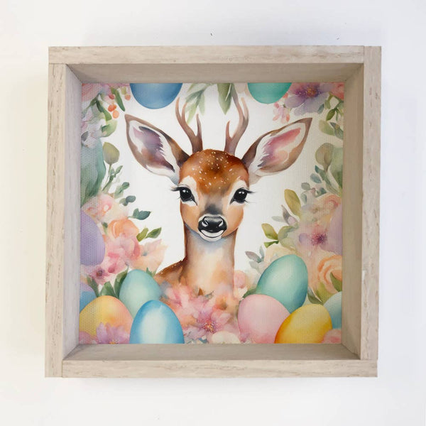 Easter Egg Deer - Cute Deer Easter Canvas Art - Wood Framed
