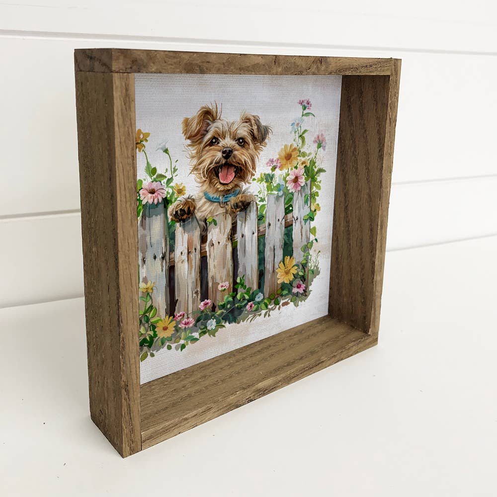 Puppy Dog Over Fence With Flowers - Puppy Canvas Art - Frame