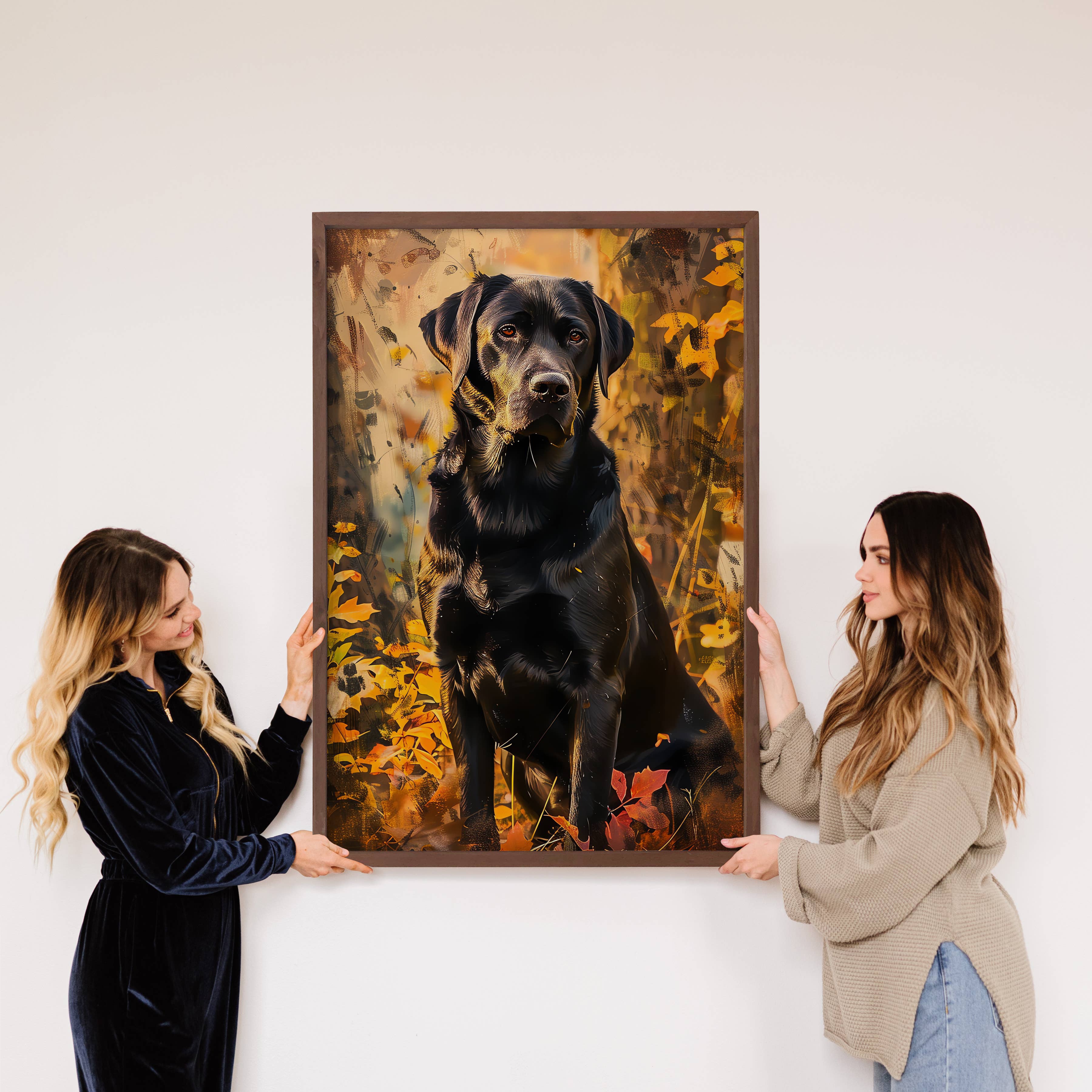Black Lab in Fall Leaves - Dog in Fall Leaves Canvas Art