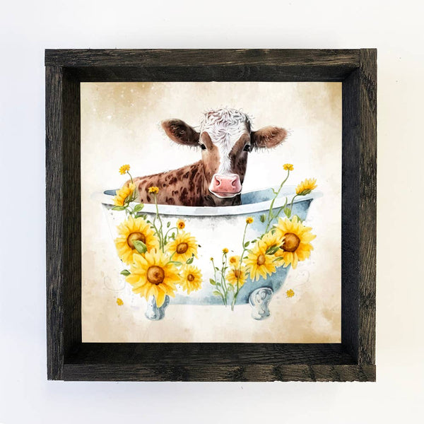 Cow with Sunflower Bath - Cute Cow Art - Farm Animal Art