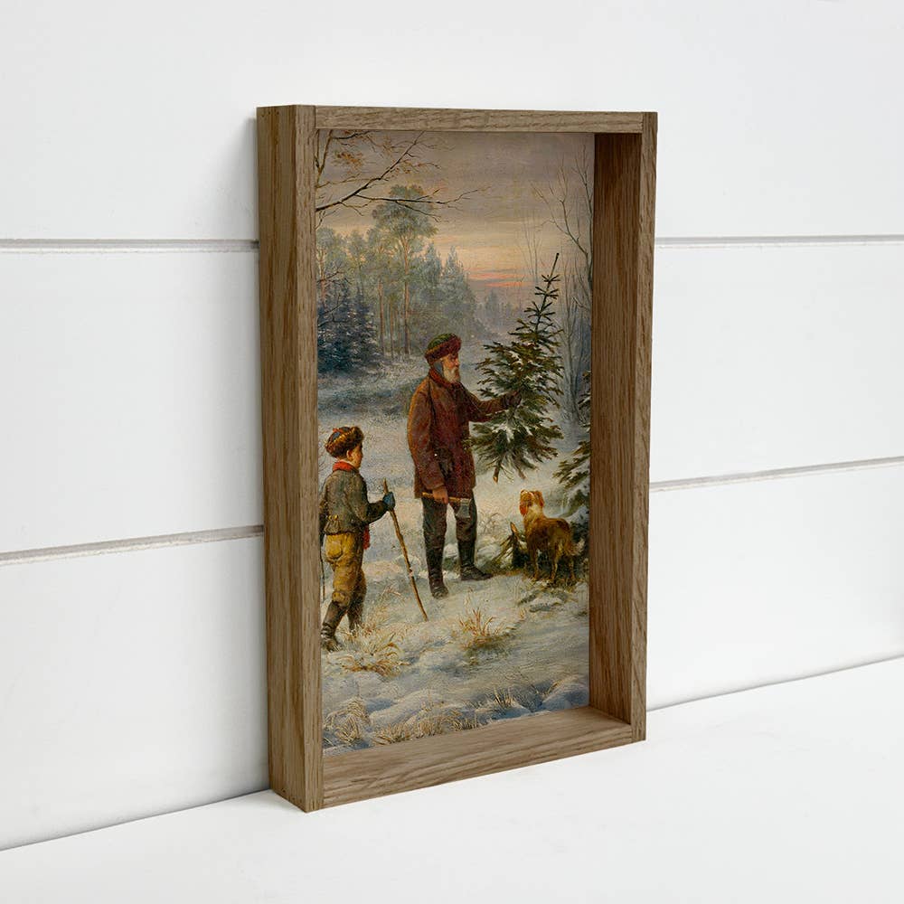 Father and Son Cut Christmas Tree - Vintage Holiday Wall Art