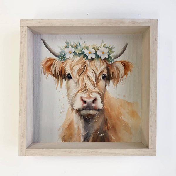 Highland Cow White Flower - Springtime Highland Cow - Framed