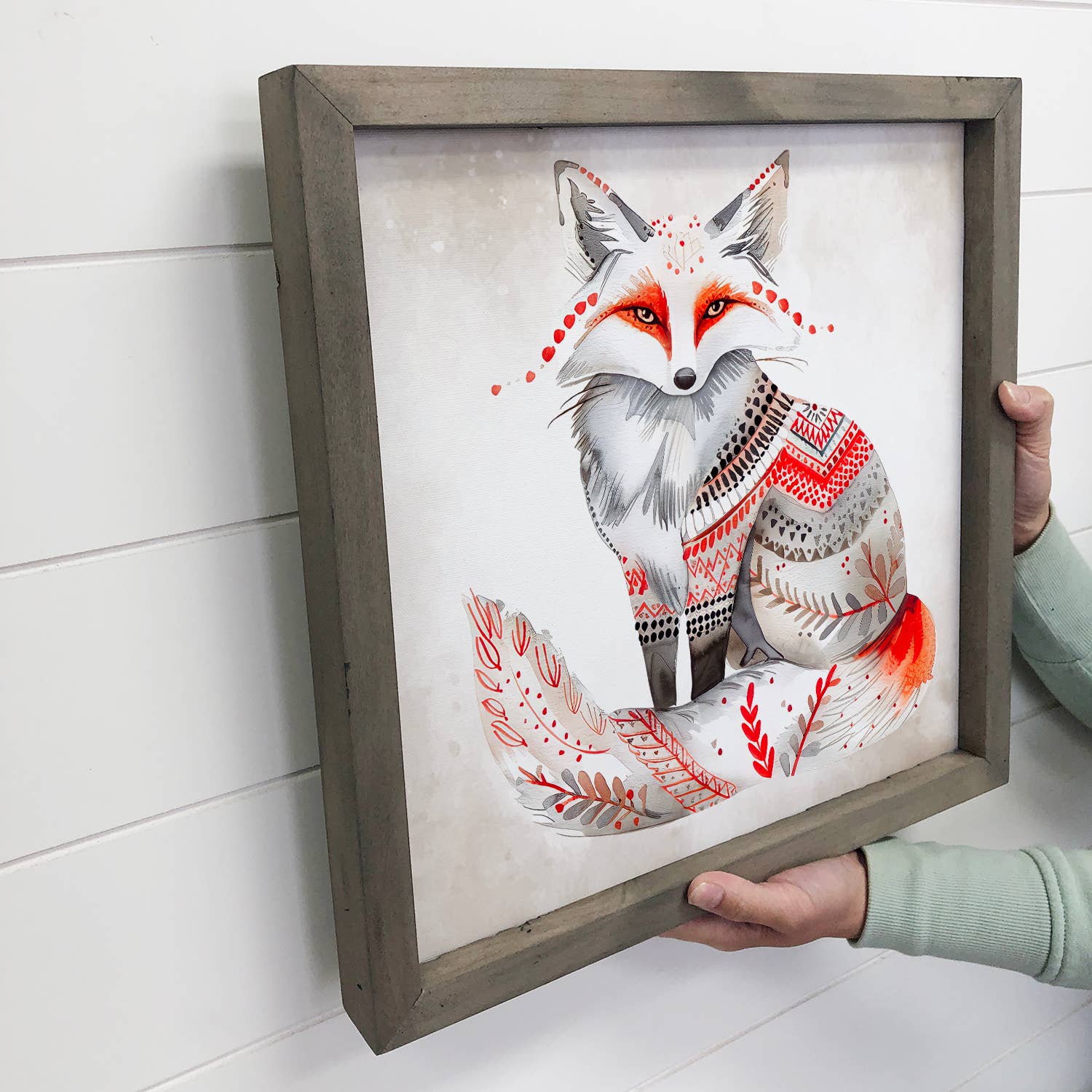 Scandi Watercolor Winter Fox - Fox Canvas Art - Wood Framed