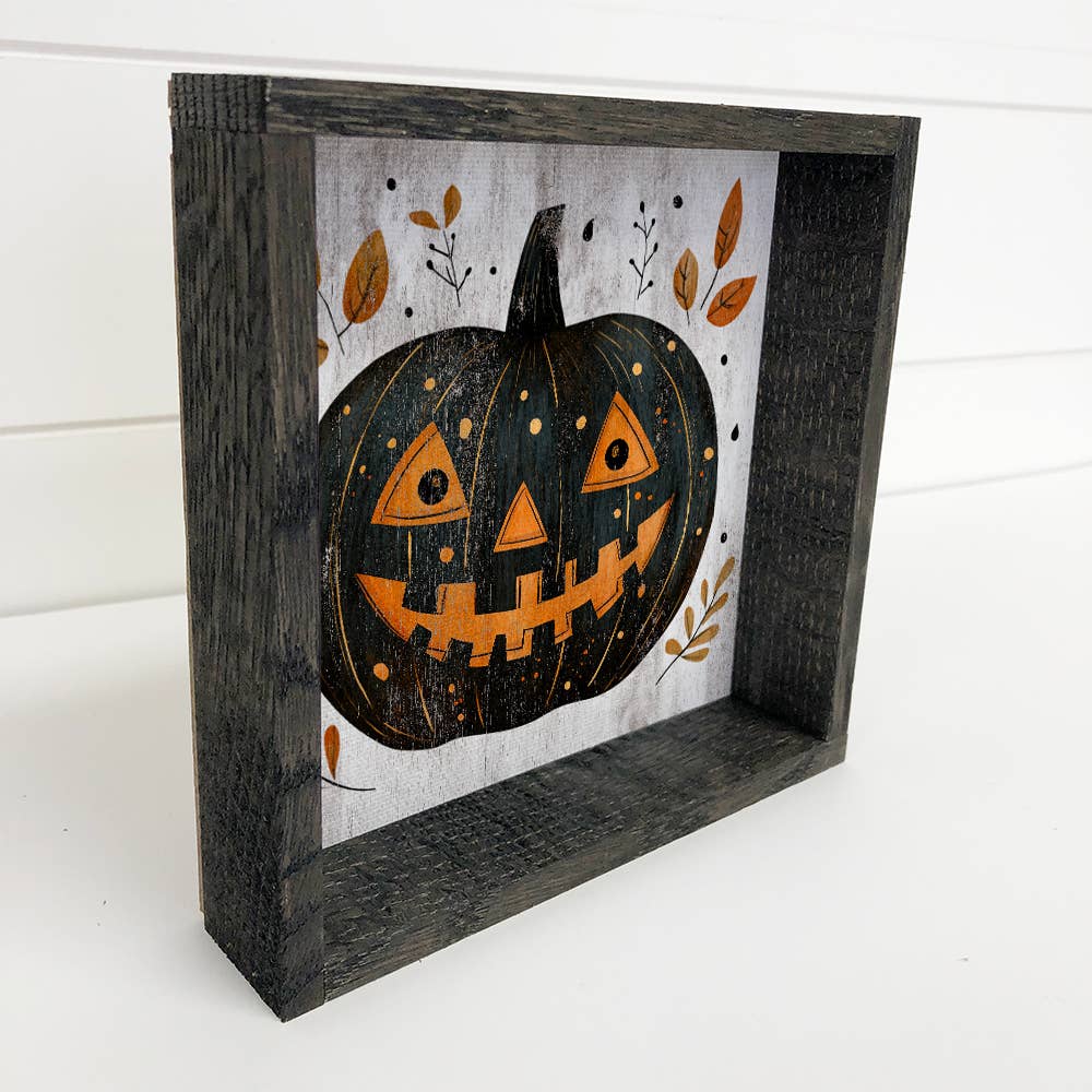 Folk Halloween Black Pumpkin - Halloween Canvas Art - Framed