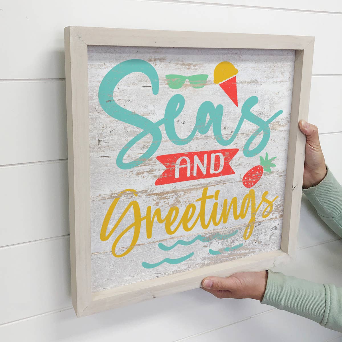 Seas and Greetings - Beach House Holiday Word Sign - Framed