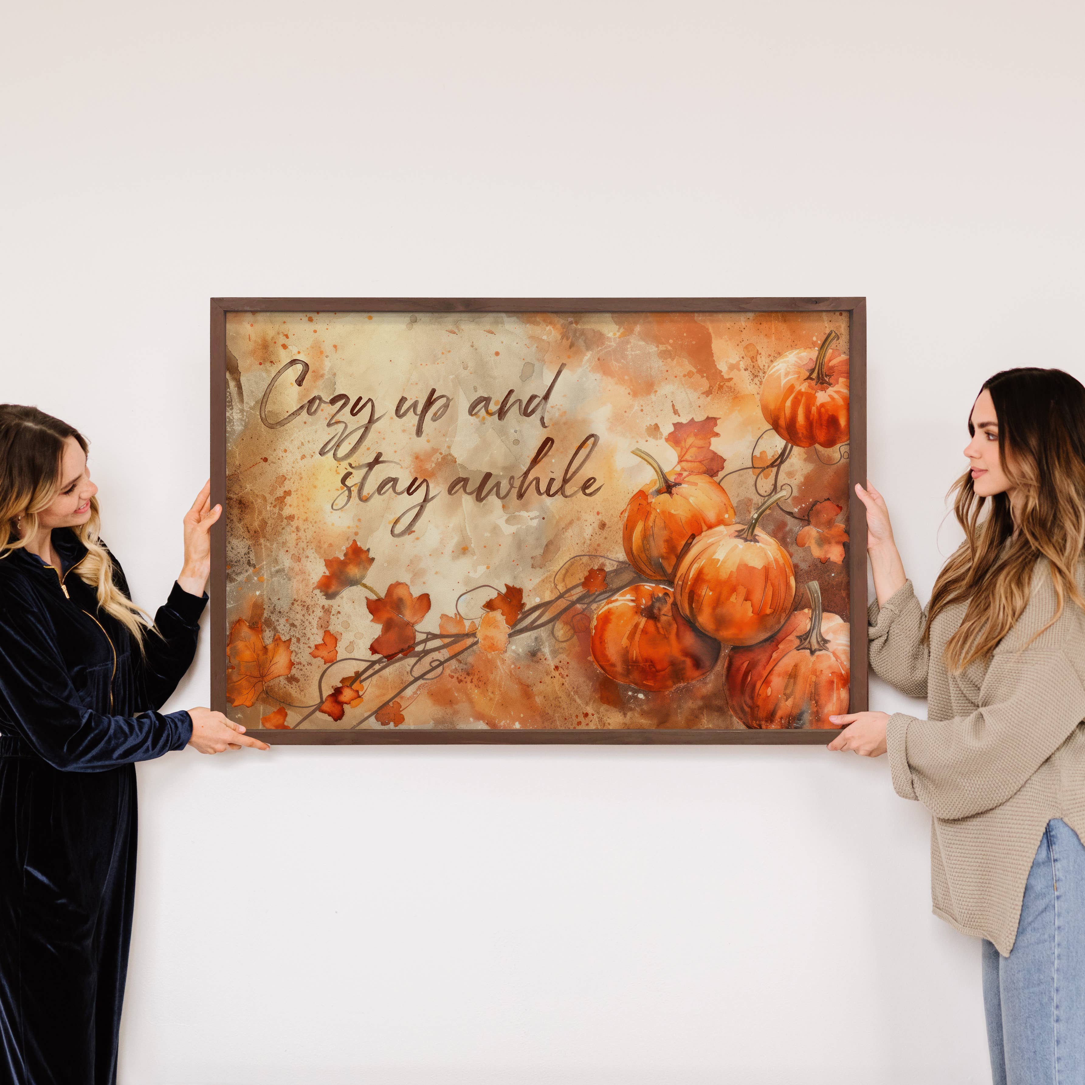 Cozy Up and Stay Awhile Pumpkins - Fall Sign - Wood Framed