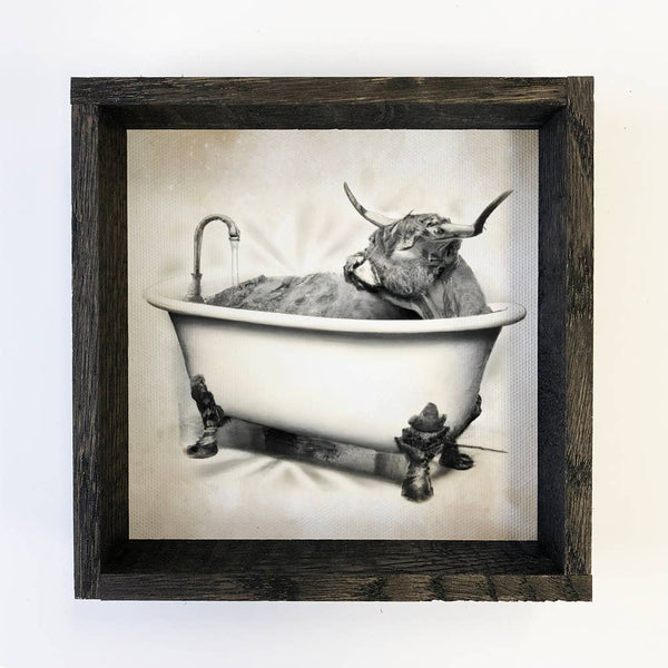 Highland Cow taking a Bath Canvas & Wood Sign Fun Bathroom