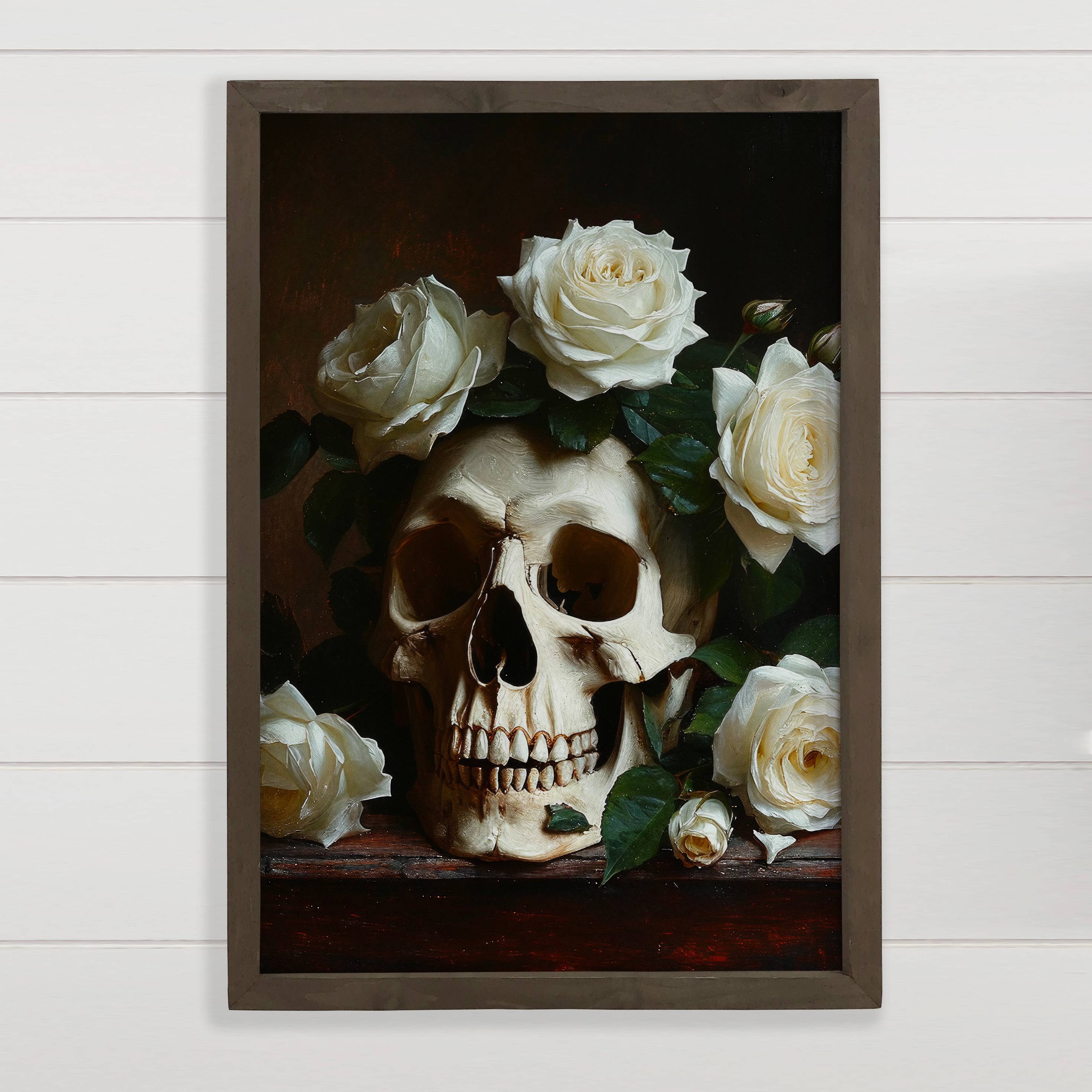 Skull with White Roses - Skull and Flower Canvas Art - Frame