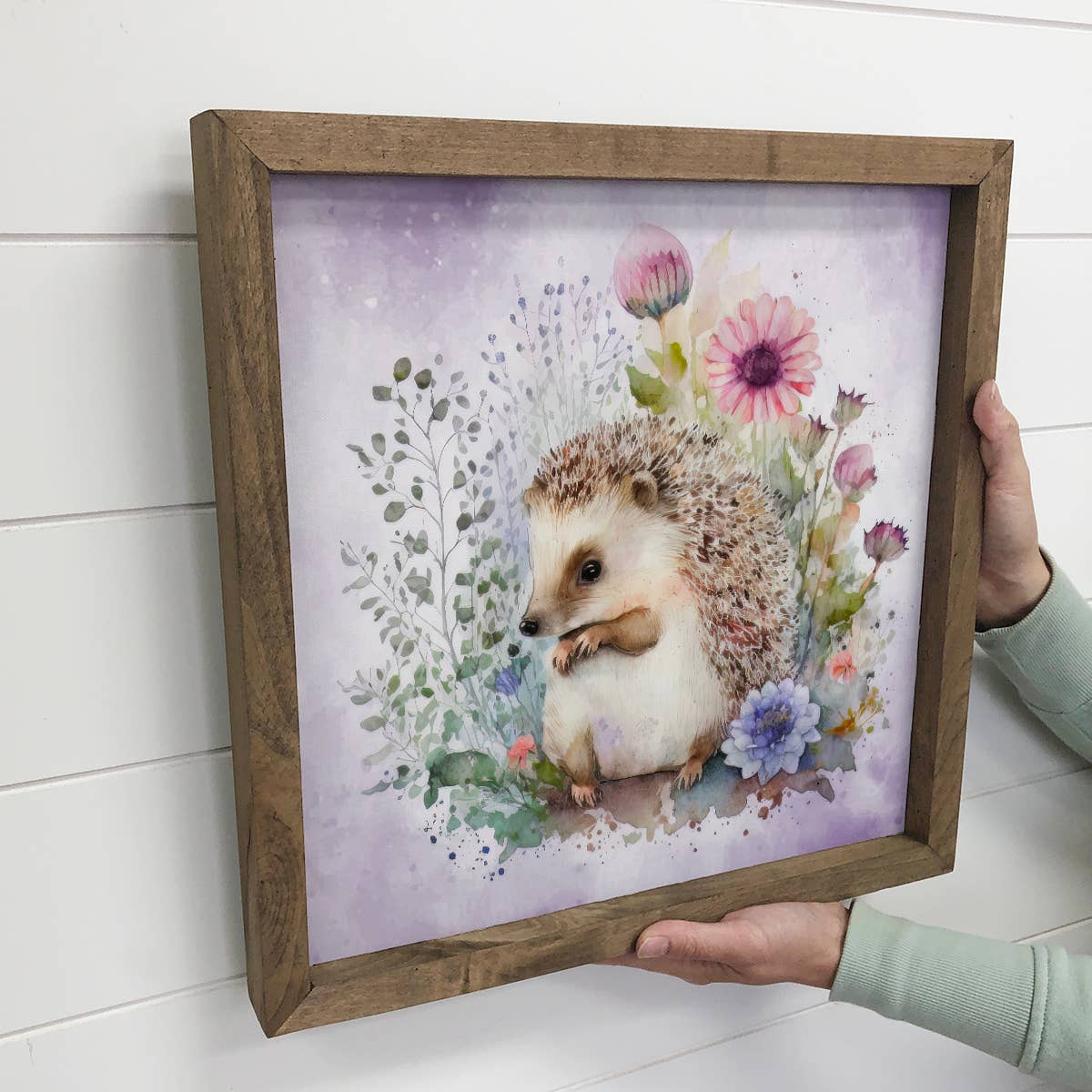 Hedgehog in the Flowers - Framed Purple Woodland Home Decor