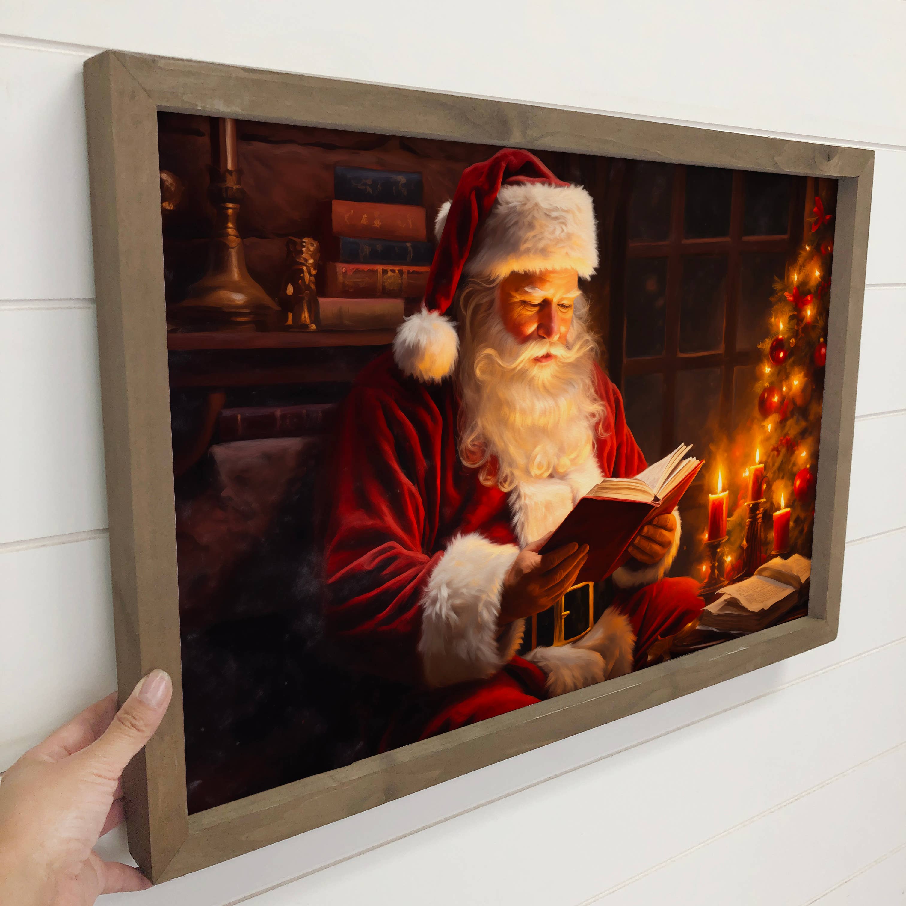 Santa Reading a Book - Santa Canvas Art - Wood Framed Decor