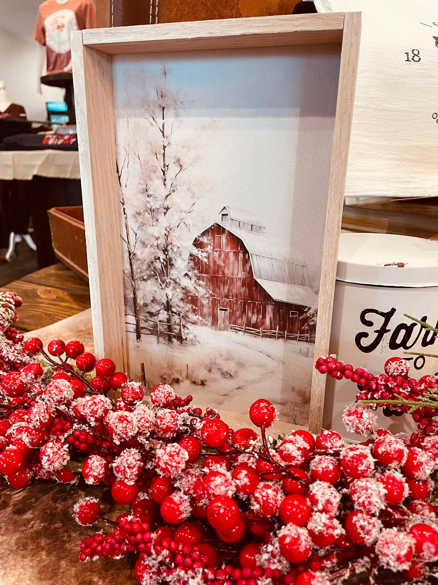 Snowy Winter Red Barn - Winter Scene Canvas Art - Framed