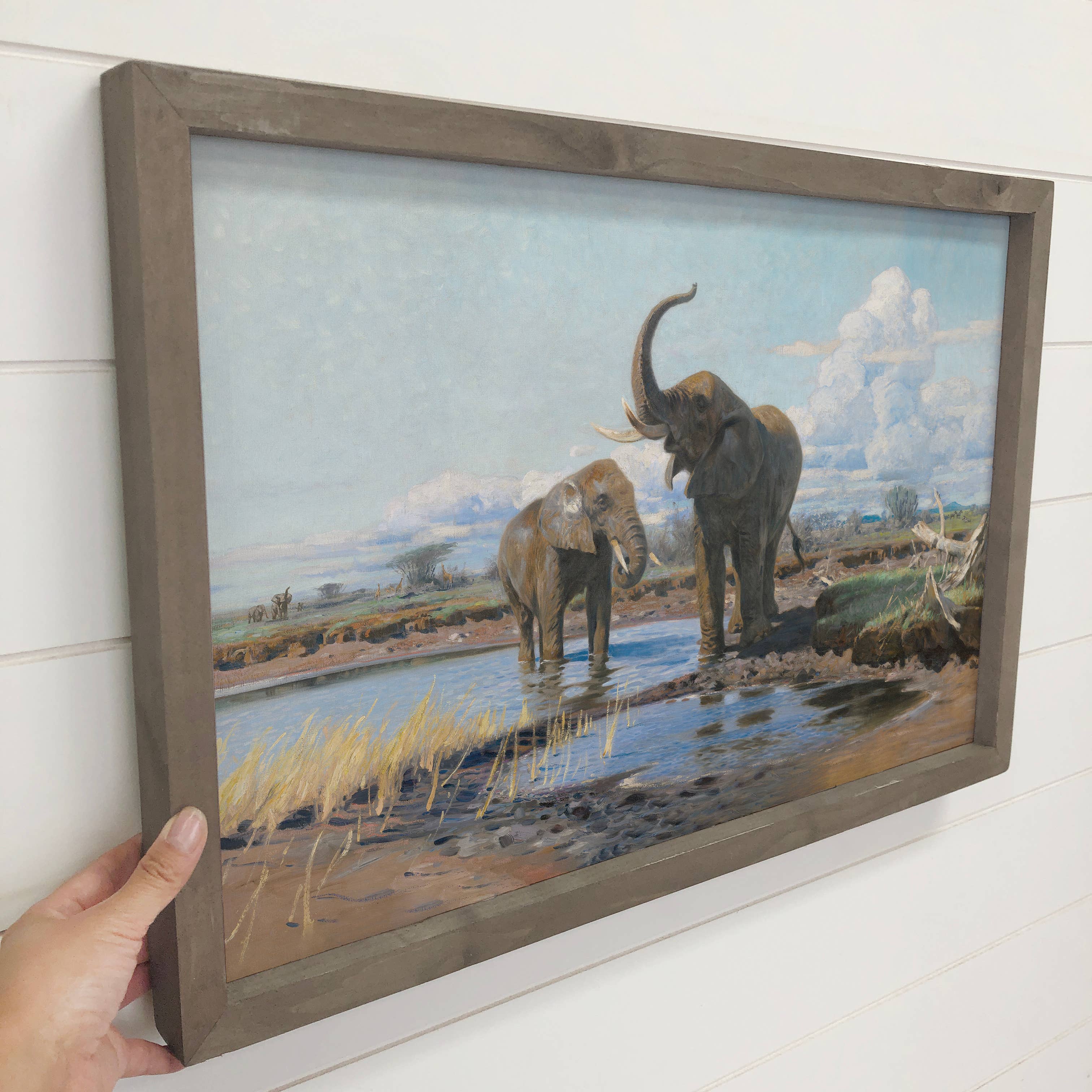 Elephants at a Waterhole - Safari Animal Canvas Art - Framed