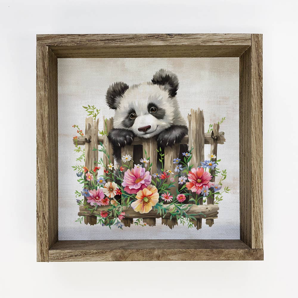 Panda Over Fence With Flowers - Panda Canvas Art - Framed
