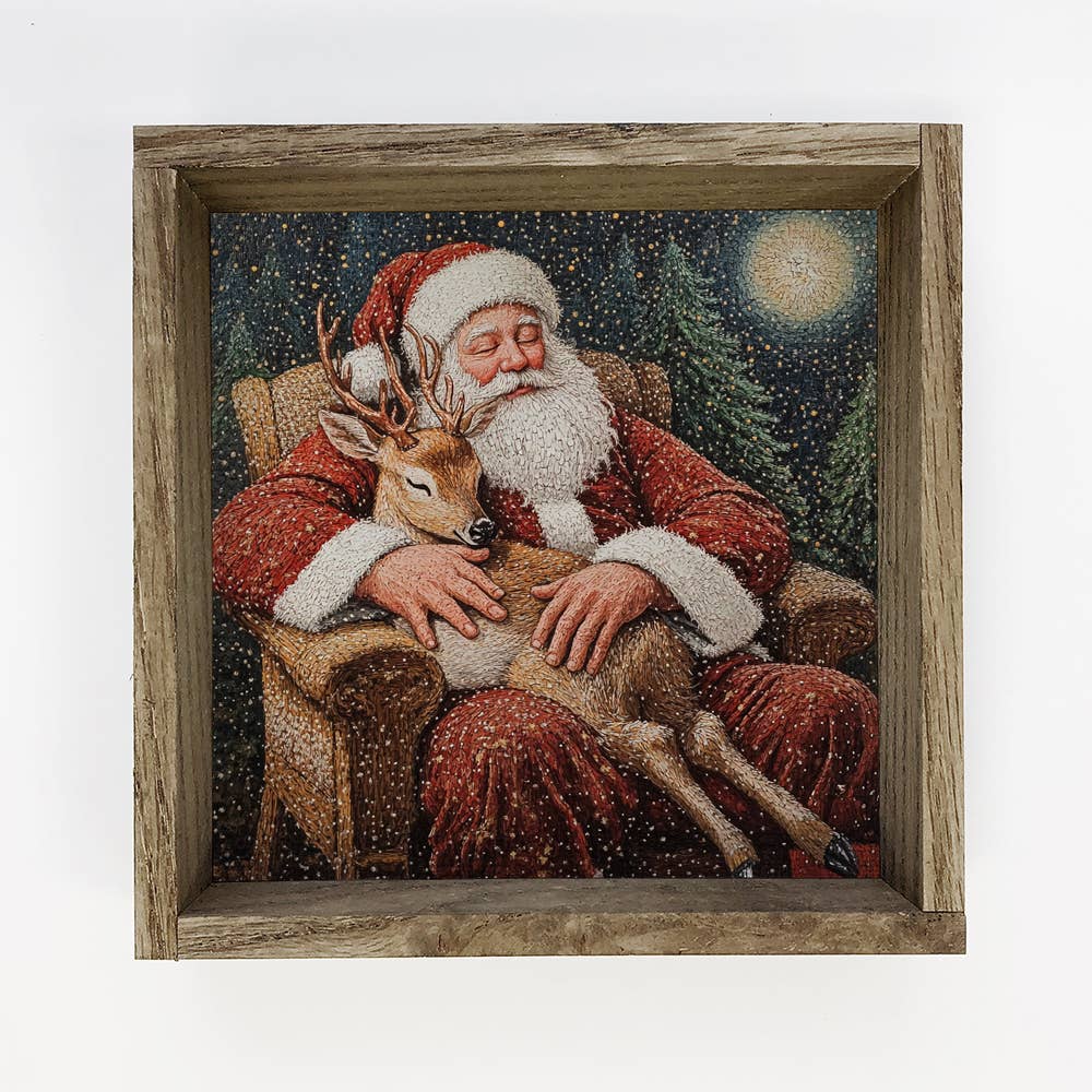 Sleepy Santa with Reindeer - Santa Canvas Art - Wood Framed