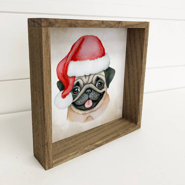 Pug Dog Pet Painting in Santa Hat Christmas Canvas Sign