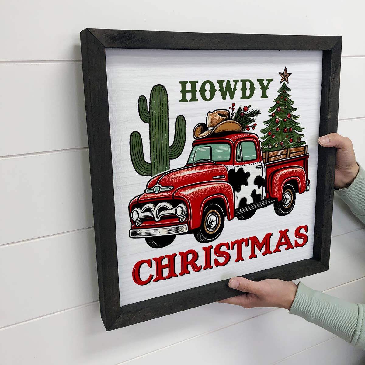 Howdy Christmas Cow Print Truck - Christmas Canvas Wall Art
